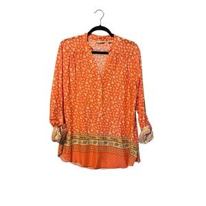Tylho Anthropologie Blouse Size M Orange Beige Roll Tab V Neck